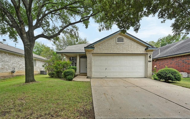 ranch-style home with concrete driveway, a garage, brick siding, and a front yard