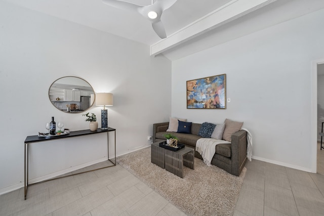 living room featuring beam ceiling and ceiling fan