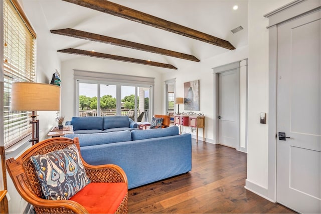 living room featuring lofted ceiling with beams and dark hardwood / wood-style floors