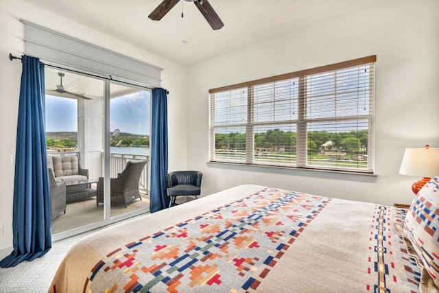 bedroom featuring access to outside, carpet, and ceiling fan