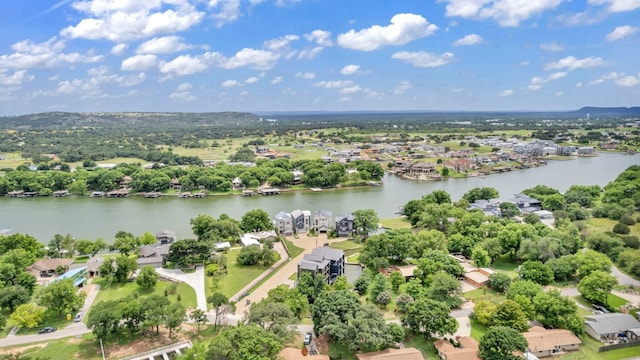 drone / aerial view with a water view