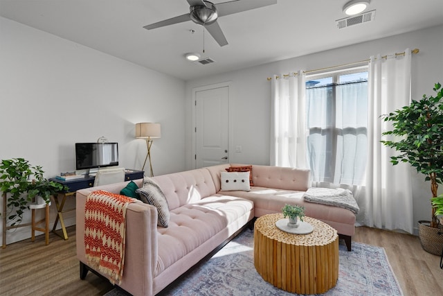 living room featuring ceiling fan and hardwood / wood-style floors