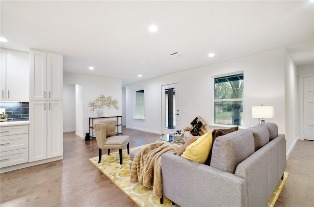 living room featuring a wealth of natural light and light wood-type flooring