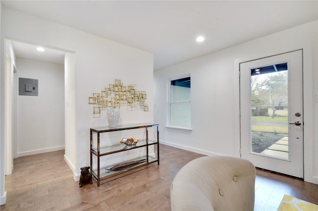 doorway with electric panel and hardwood / wood-style floors