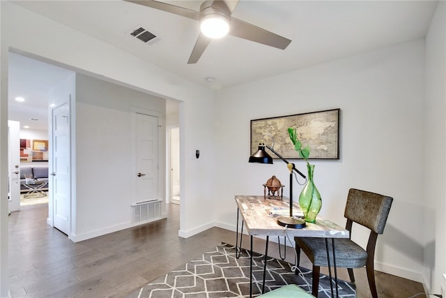 office space with ceiling fan and dark wood-type flooring