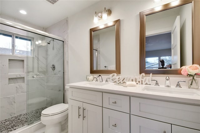 bathroom featuring a healthy amount of sunlight, a shower with door, and vanity