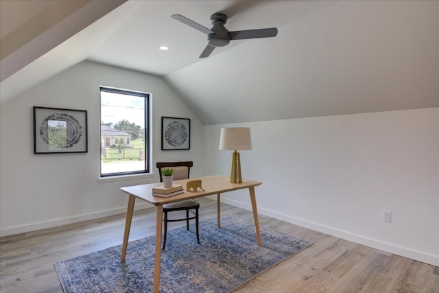 office area with ceiling fan, lofted ceiling, and light hardwood / wood-style flooring