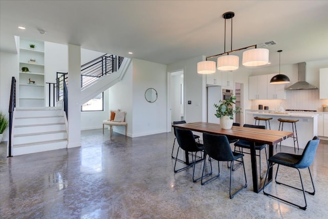 dining area featuring stairway, recessed lighting, visible vents, and baseboards