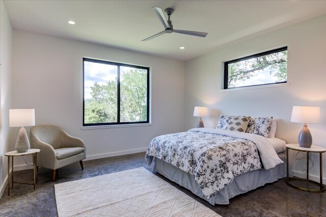 bedroom featuring recessed lighting, a ceiling fan, and baseboards