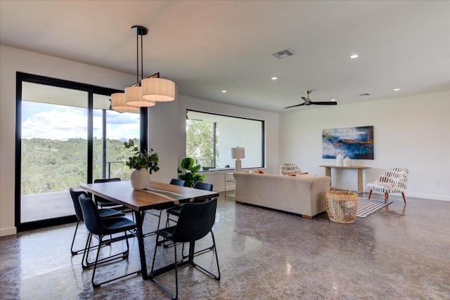 dining area featuring recessed lighting, visible vents, and baseboards