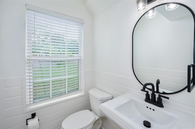 bathroom with vaulted ceiling, toilet, and sink