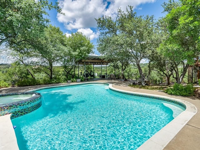 view of swimming pool featuring an in ground hot tub and a patio area