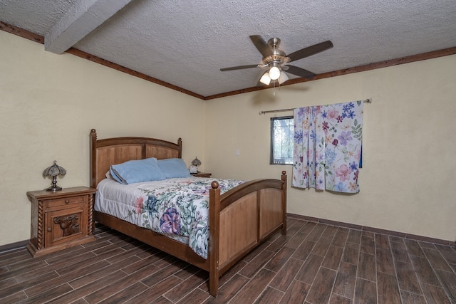 bedroom with beam ceiling, ceiling fan, a textured ceiling, and dark hardwood / wood-style floors