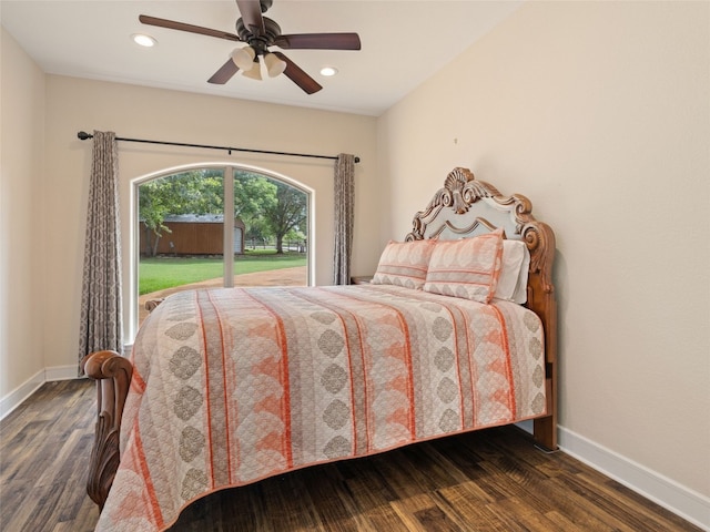 bedroom with dark hardwood / wood-style floors, access to outside, and ceiling fan