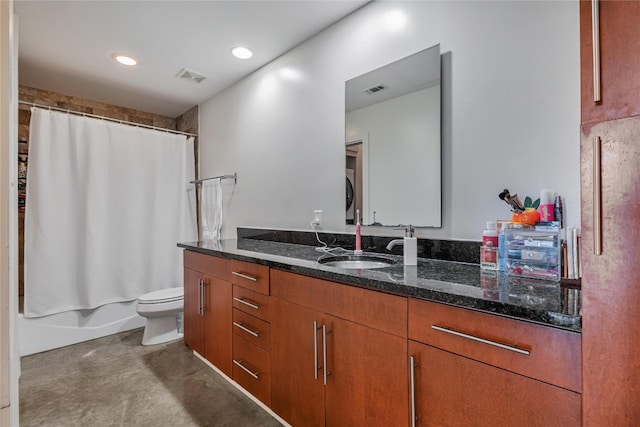 full bathroom featuring concrete floors, vanity, toilet, and shower / bathtub combination with curtain