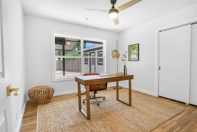 office space featuring ceiling fan and wood-type flooring