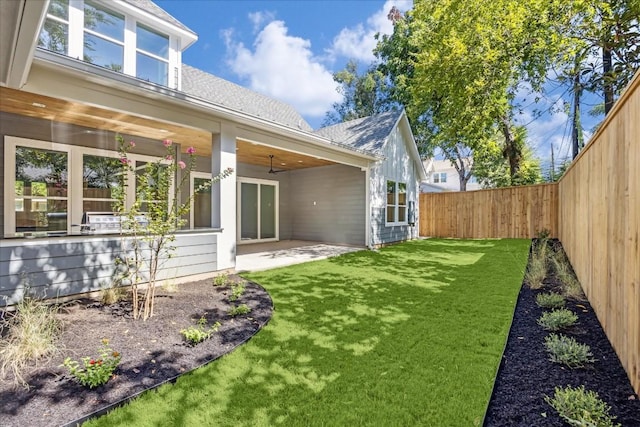 3001 Funston St, Austin, TX 78703 - fenced backyard featuring a patio area and a ceiling fan