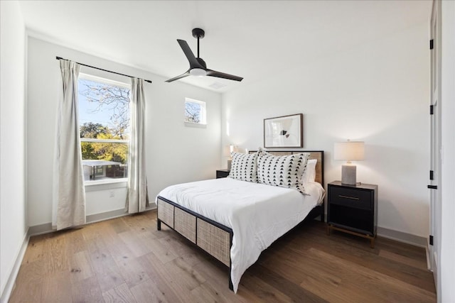 bedroom featuring ceiling fan and light wood-type flooring