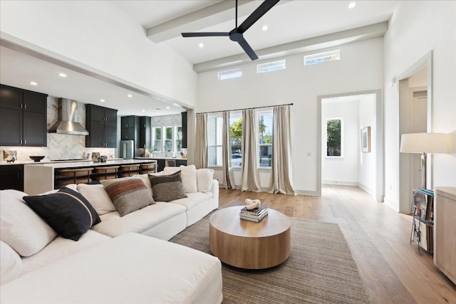 living room featuring beamed ceiling, ceiling fan, a high ceiling, and light wood-type flooring