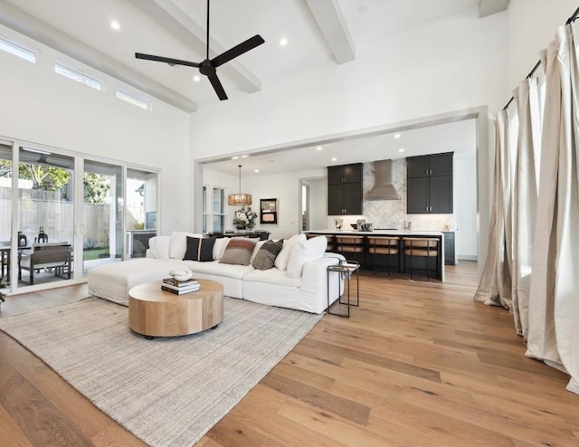 3001 Funston St, Austin, TX 78703 - living room featuring a towering ceiling, ceiling fan, light wood finished floors, beam ceiling, and recessed lighting