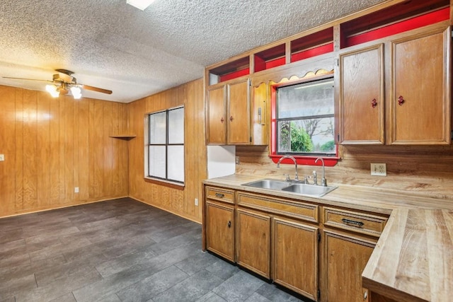 kitchen with wood counters, sink, and wooden walls