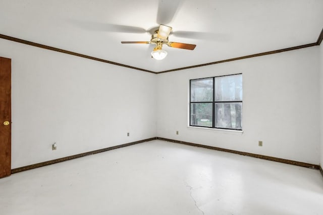 spare room with crown molding, ceiling fan, and concrete flooring