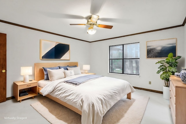 bedroom with ceiling fan and ornamental molding