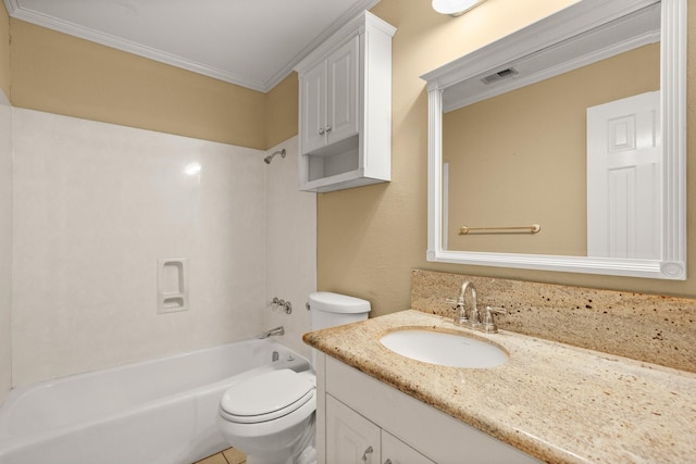 full bathroom with vanity, crown molding, tub / shower combination, and toilet