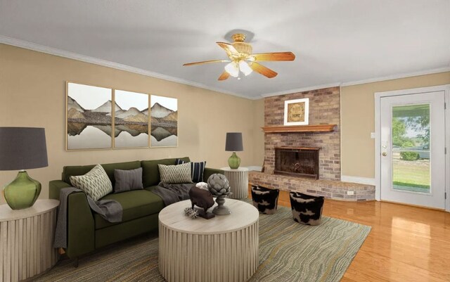 8712 Cele Rd Unit 1, Manor, TX 78653 - living room with ceiling fan, wood finished floors, crown molding, and a fireplace