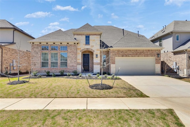 french country style house with driveway, stone siding, a front yard, an attached garage, and brick siding