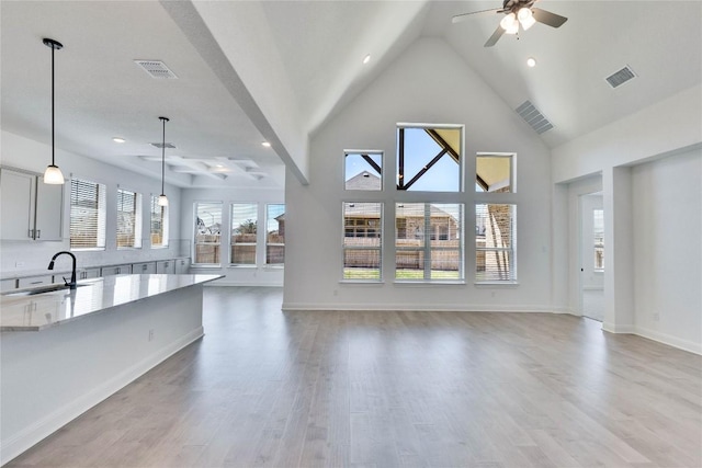 unfurnished living room featuring ceiling fan, light wood-style flooring, visible vents, and a sink