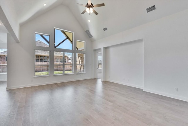 unfurnished living room with ceiling fan, wood finished floors, visible vents, and high vaulted ceiling