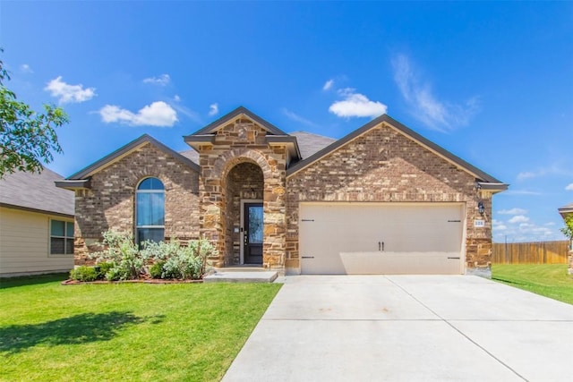 view of front facade with an attached garage, driveway, a front lawn, and brick siding