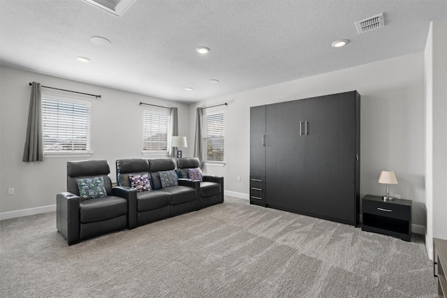 cinema room featuring light carpet and a textured ceiling