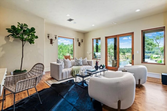 living room with plenty of natural light and wood-type flooring