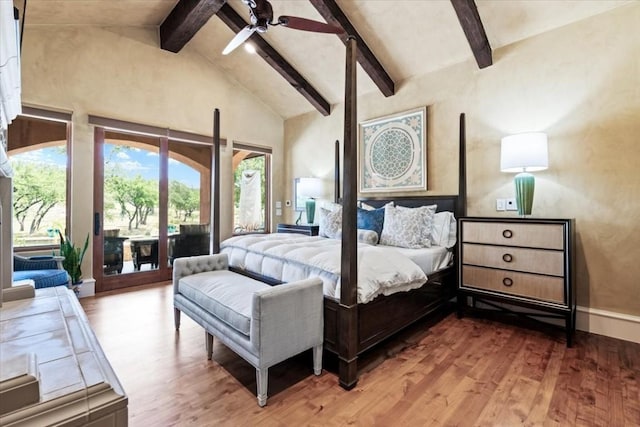 bedroom with hardwood / wood-style flooring, high vaulted ceiling, ceiling fan, access to exterior, and beamed ceiling