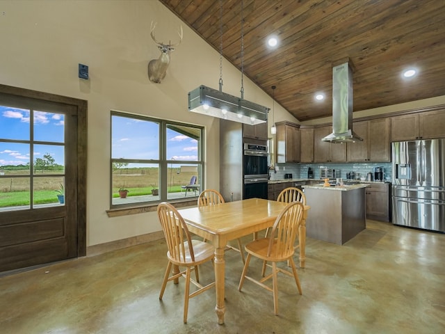 dining room featuring wooden ceiling and high vaulted ceiling