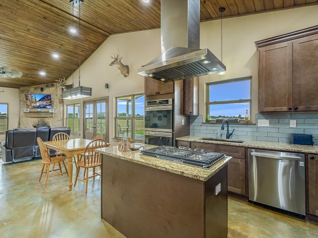 kitchen with backsplash, stainless steel appliances, wooden ceiling, island range hood, and sink