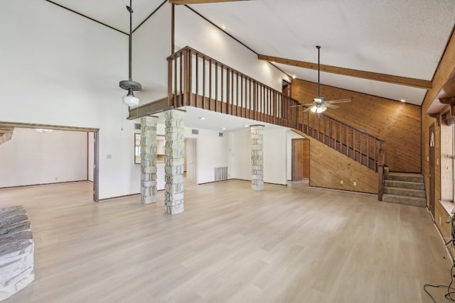 unfurnished living room featuring high vaulted ceiling, a textured ceiling, ceiling fan, and hardwood / wood-style floors