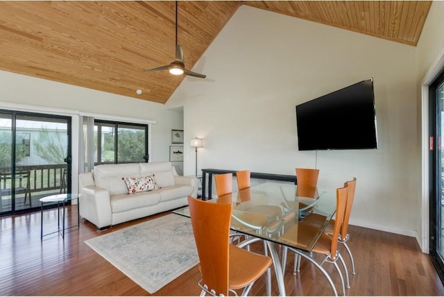 25633 Pedernales Point Dr, Spicewood, TX 78669 - living room with wooden ceiling, high vaulted ceiling, wood finished floors, and a ceiling fan