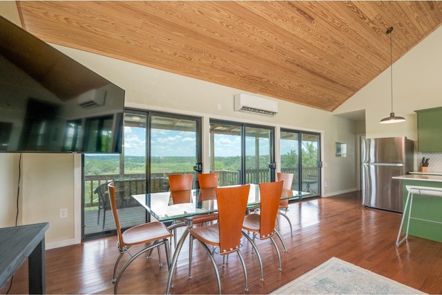 dining space with an AC wall unit, high vaulted ceiling, dark wood-type flooring, and wood ceiling