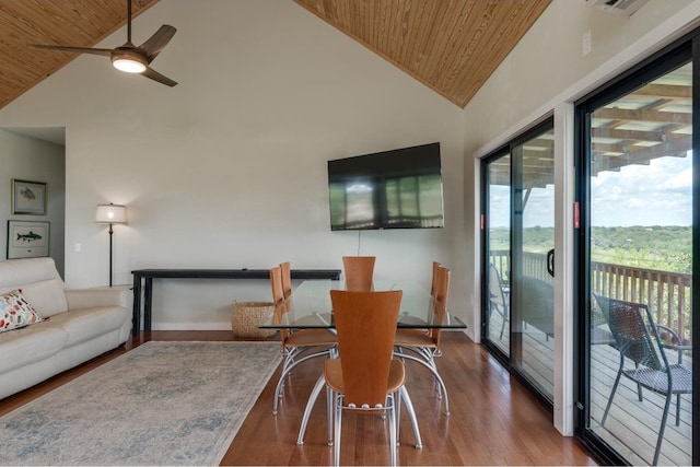 dining space featuring a wealth of natural light, hardwood / wood-style flooring, and wooden ceiling