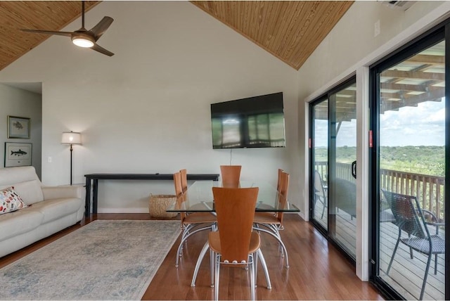 25633 Pedernales Point Dr, Spicewood, TX 78669 - dining room featuring wooden ceiling, a ceiling fan, wood finished floors, and high vaulted ceiling