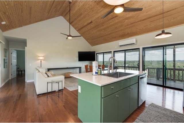 25633 Pedernales Point Dr, Spicewood, TX 78669 - kitchen featuring wooden ceiling, ceiling fan, green cabinets, a wall mounted AC, and stainless steel dishwasher