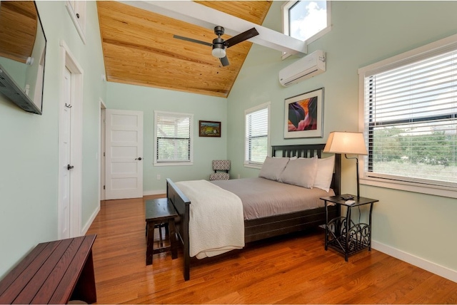 bedroom featuring ceiling fan, multiple windows, wooden ceiling, a wall mounted AC, and lofted ceiling