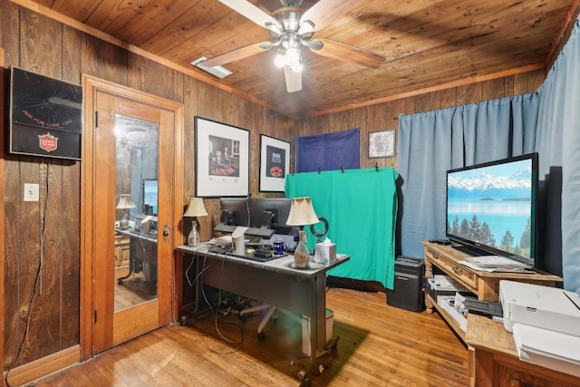 office area featuring light wood-type flooring, ceiling fan, wooden ceiling, and wood walls