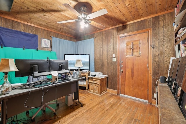 office space featuring ceiling fan, wooden ceiling, light hardwood / wood-style flooring, wooden walls, and built in desk