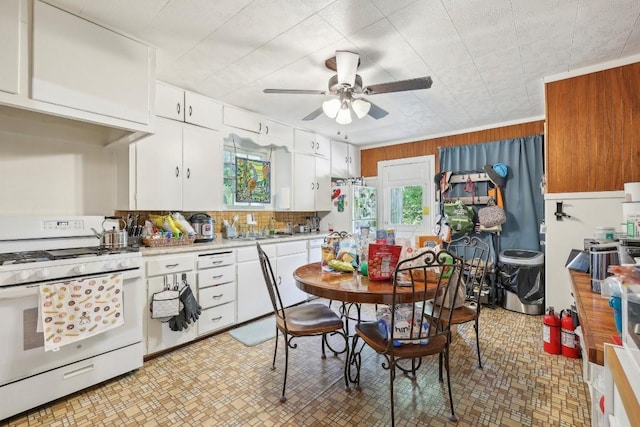 kitchen with white appliances, white cabinets, sink, ceiling fan, and decorative backsplash