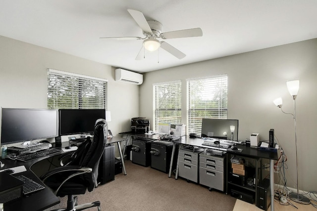 carpeted home office featuring a wall unit AC and ceiling fan