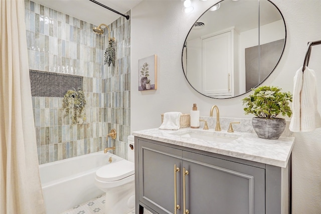 full bathroom with shower / bath combination with curtain, toilet, and vanity